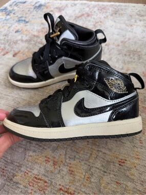 Nike Air Jordan 1 Mid Silver/Black Patent Leather, kids size 12